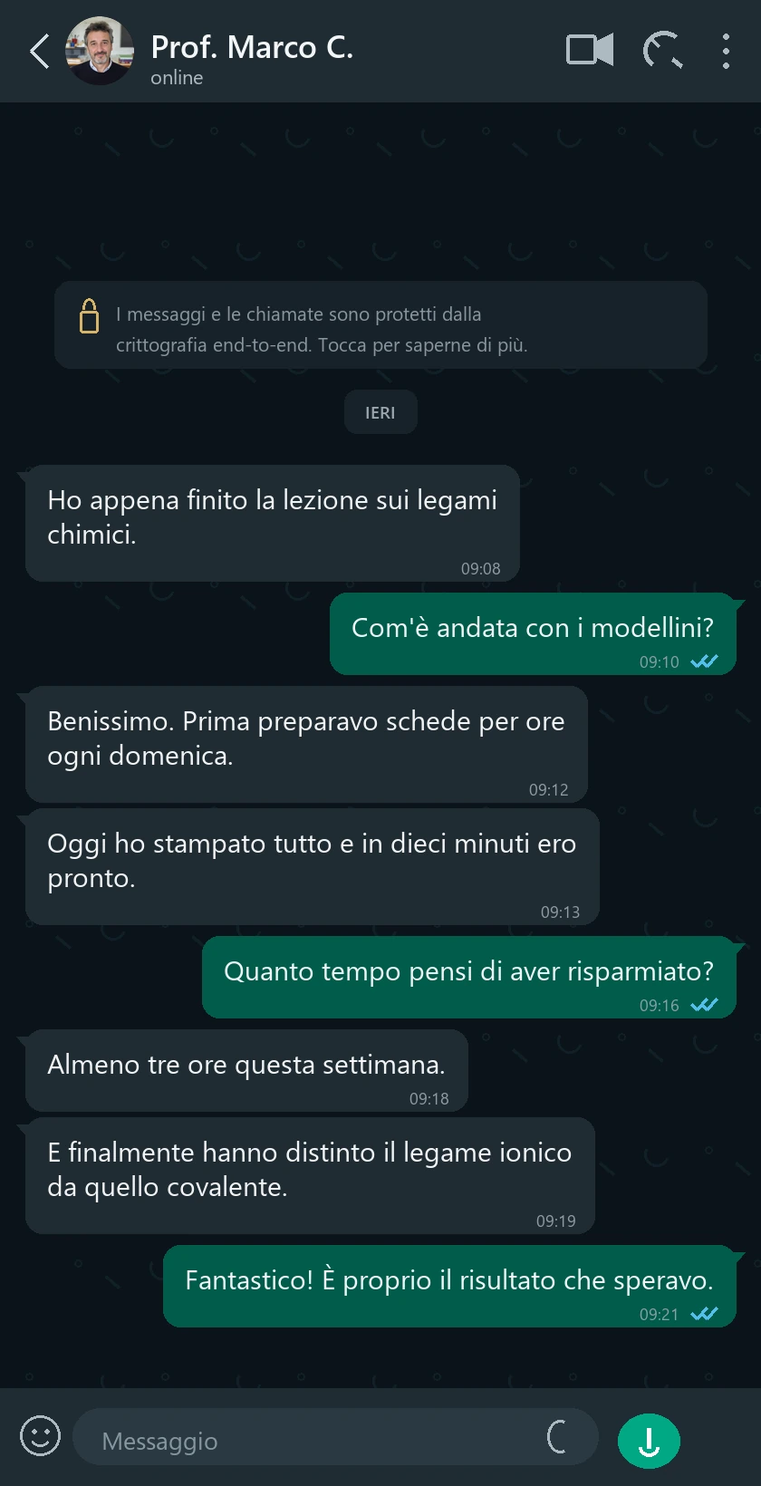 Conversazione WhatsApp ricostruita sul tempo risparmiato
