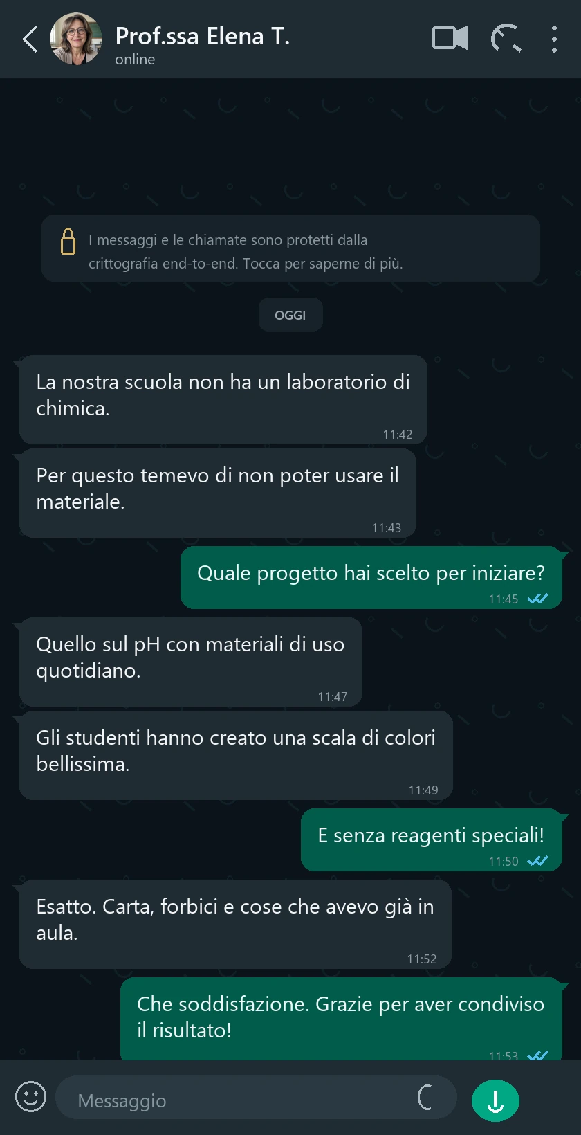 Conversazione WhatsApp ricostruita per una scuola senza laboratorio